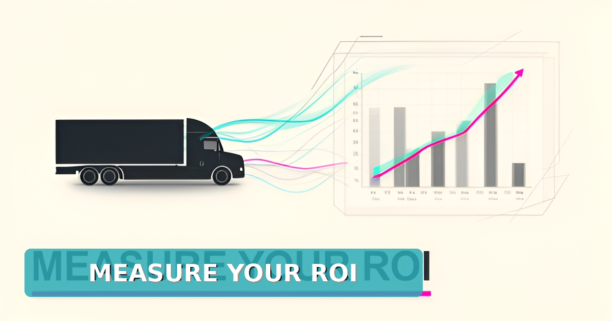 Flat illustration of a truck linked to a rising analytics dashboard with teal and magenta accents, headline reading Measure Your ROI.