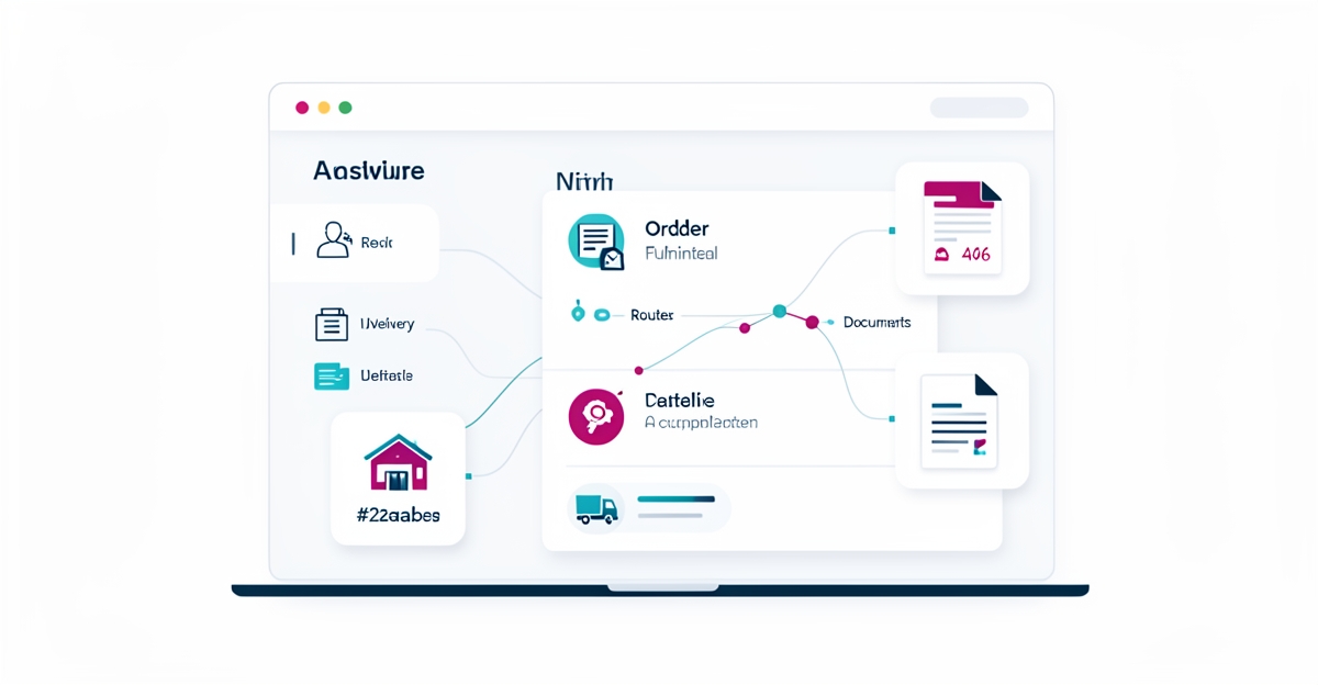 A minimalist flat illustration showing AI-optimized warehouse operations with icons for orders, routes, and compliance, highlighting efficiency gains for janitorial supply distributors