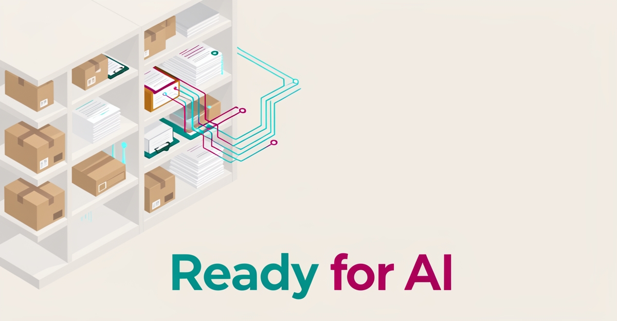 Flat illustration of office supply shelves transforming into digital data streams with teal and magenta accents, headlined Ready for AI.
