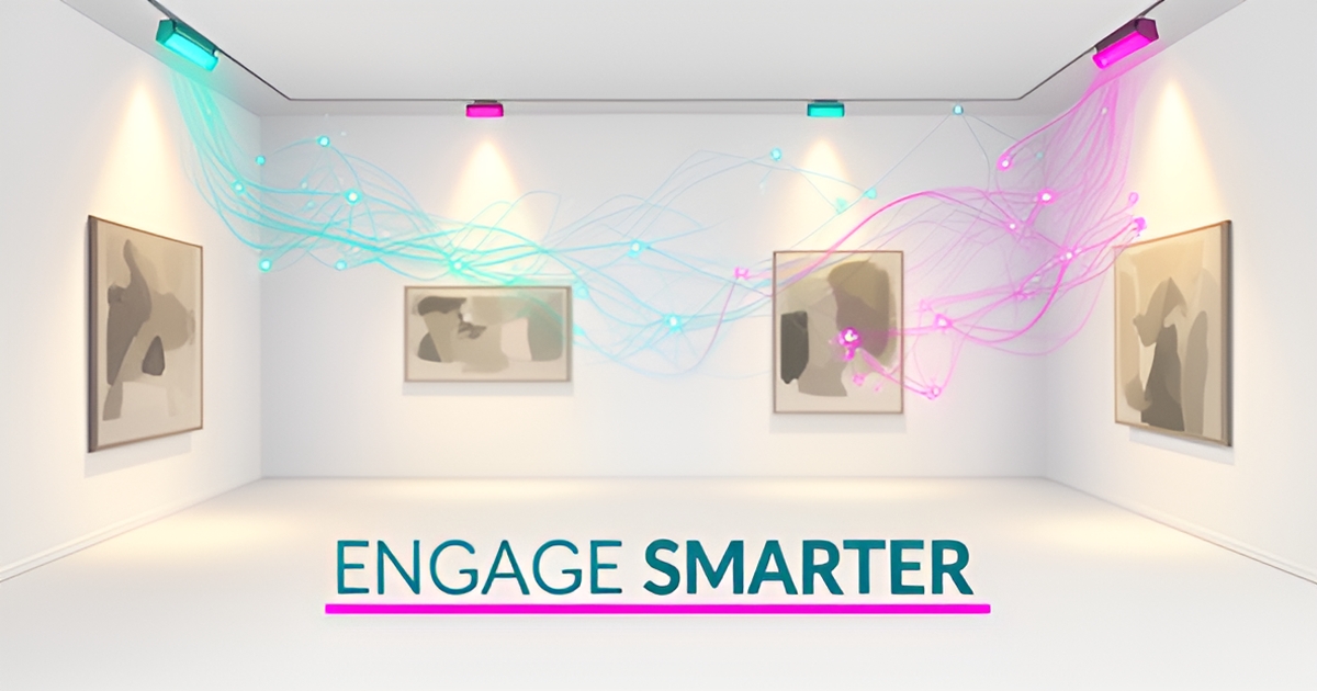 Minimalist flat illustration of an empty art gallery with glowing AI network lines in teal and magenta, headlined Engage Smarter.