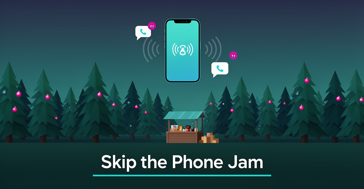 Flat illustration of a Christmas tree farm with a smartphone and AI voice wave icons, accented in teal and magenta.
