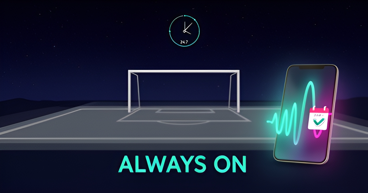 Flat illustration of a night soccer field beside a glowing AI phone assistant booking tryouts, with an 'ALWAYS ON' headline.