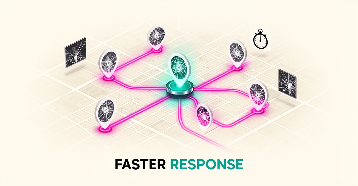 Flat illustration of an AI dispatch hub routing emergency glass repair technicians across a city map with teal and magenta accents.