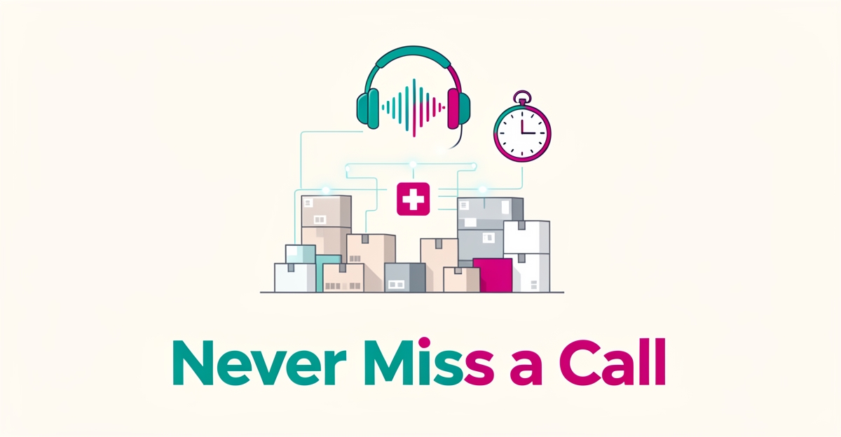 Flat illustration of a headset routing calls to a medical supply warehouse at 2 AM, accented in teal and magenta, with the headline Never Miss a Call.