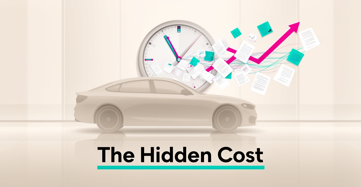 Flat illustration of a dealership car with a clock and scattered paperwork symbolizing time lost to manual sales processes.