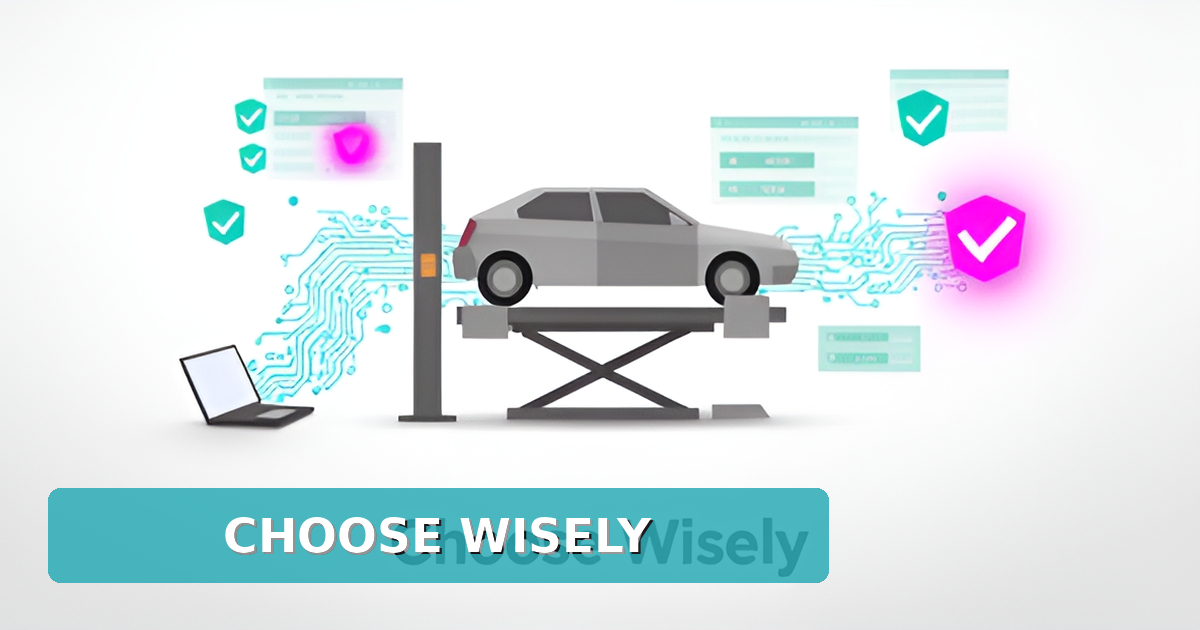 Flat illustration of an AI-powered automotive service lift with teal and magenta accents, headlined Choose Wisely.