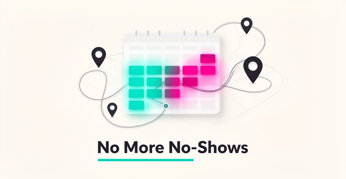 Flat illustration of an AI scheduling dashboard with calendar slots and optimized routes, headline reading No More No-Shows.