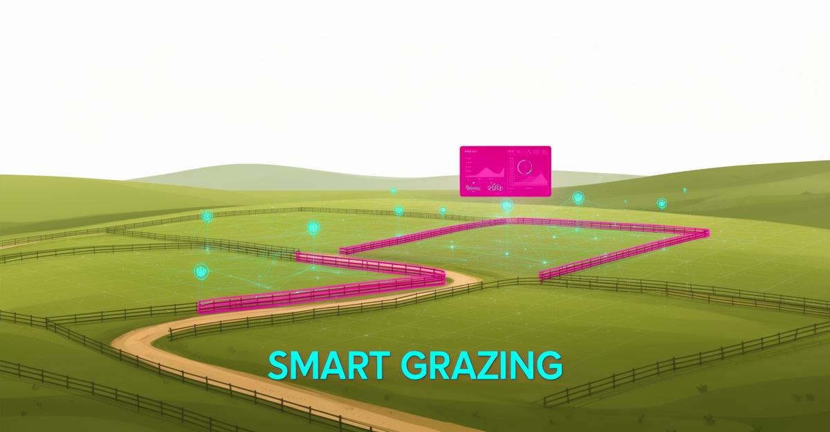 Flat illustration of ranch pastures overlaid with teal AI data grid lines and magenta accents, headlined Smart Grazing.