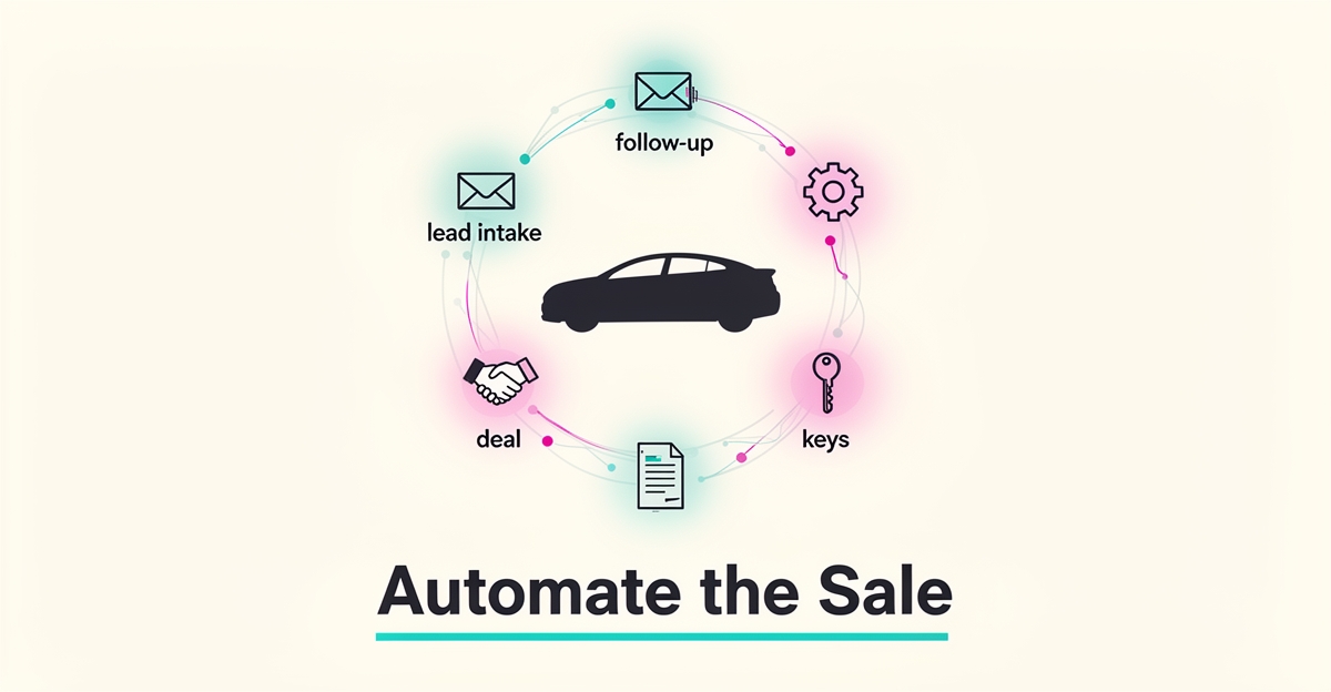 Flat illustration of a car surrounded by an automated AI workflow pipeline in teal and magenta, symbolizing streamlined car brokerage sales.