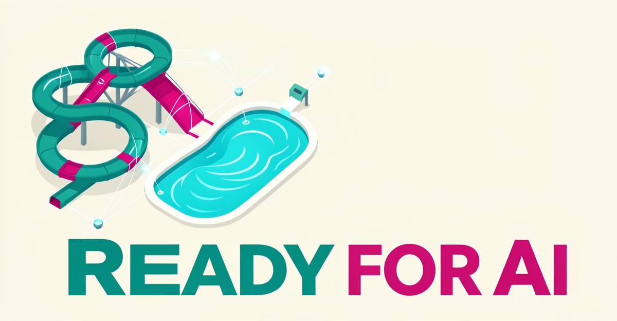 Flat illustration of a water park with glowing AI data lines connecting slides and queues, accented with teal and magenta, headlined Ready for AI.