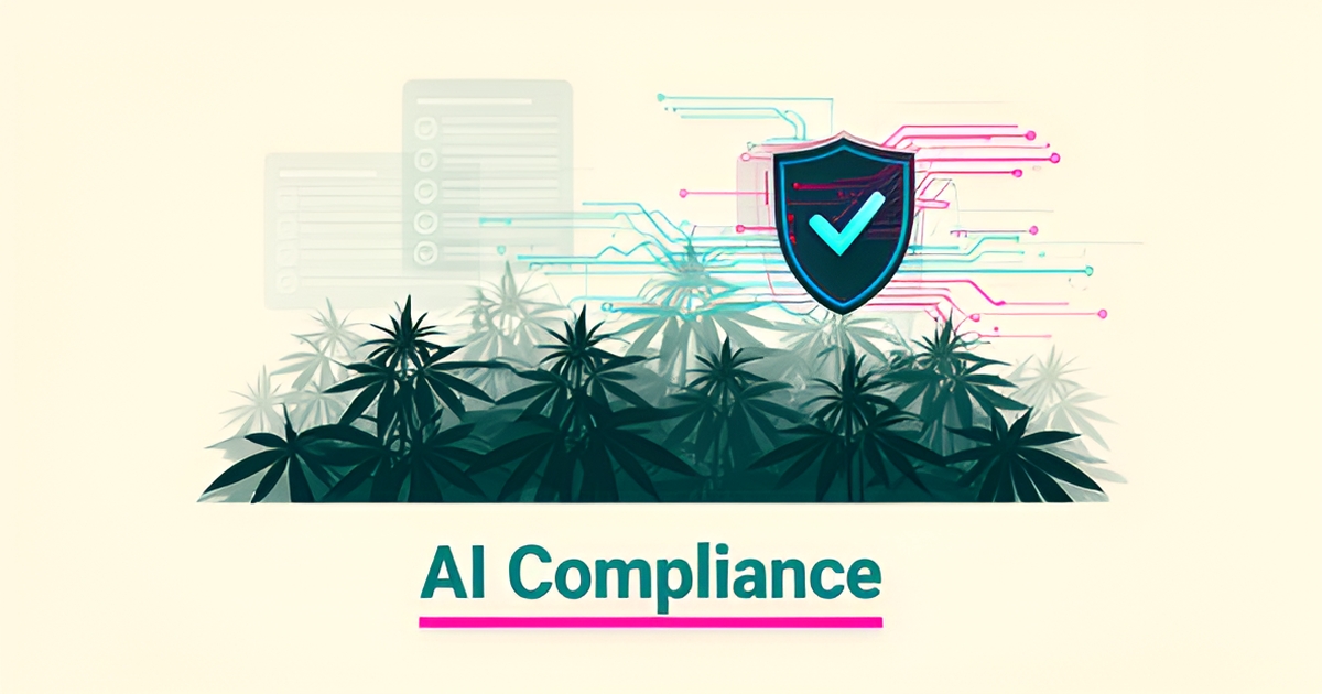 Flat illustration of a hemp field with digital compliance checklists and a data shield, accented in teal and magenta, headlined AI Compliance.