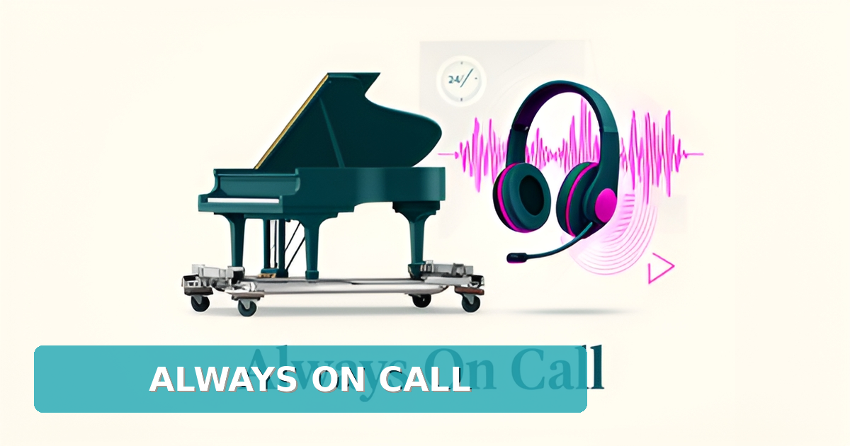 Flat illustration of a grand piano beside a teal AI headset and soundwaves, symbolizing 24/7 AI voice receptionist support for piano moving services.