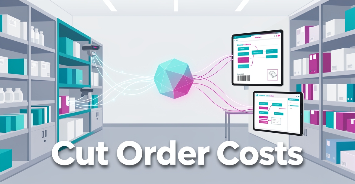 Flat illustration of automated medical supply order processing with AI, featuring brand color accents and the headline 'Cut Order Costs' in the lower third.