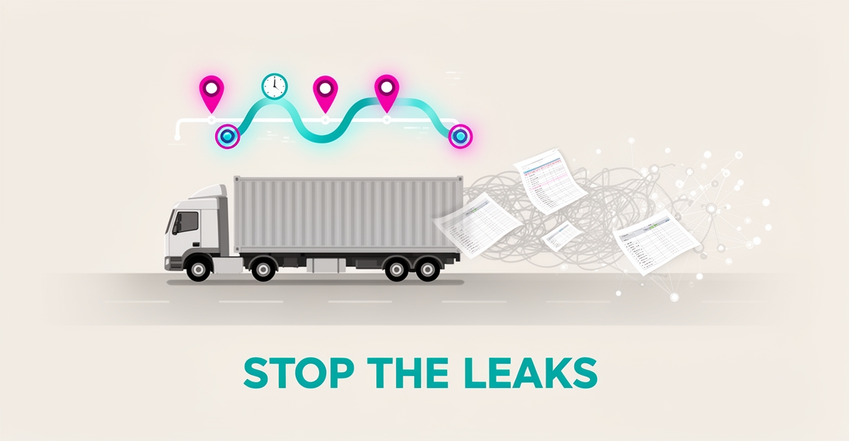 Flat illustration of a semi-truck with a glowing AI tracking route line, symbolizing cost savings from automated load tracking in trucking.