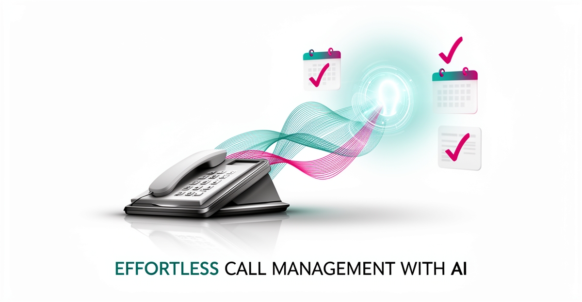 Flat illustration of an AI hub routing multiple patient call waves into scheduled appointments, accented in teal and magenta.