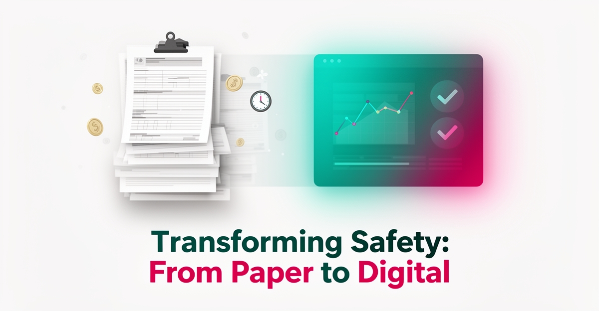 Flat illustration of paper safety forms dissolving into a digital dashboard, symbolizing cost savings from digitizing PPE safety records.
