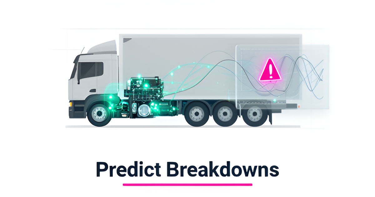 Flat illustration of a commercial truck with AI sensor data and predictive analytics highlighting potential breakdown points before failure.