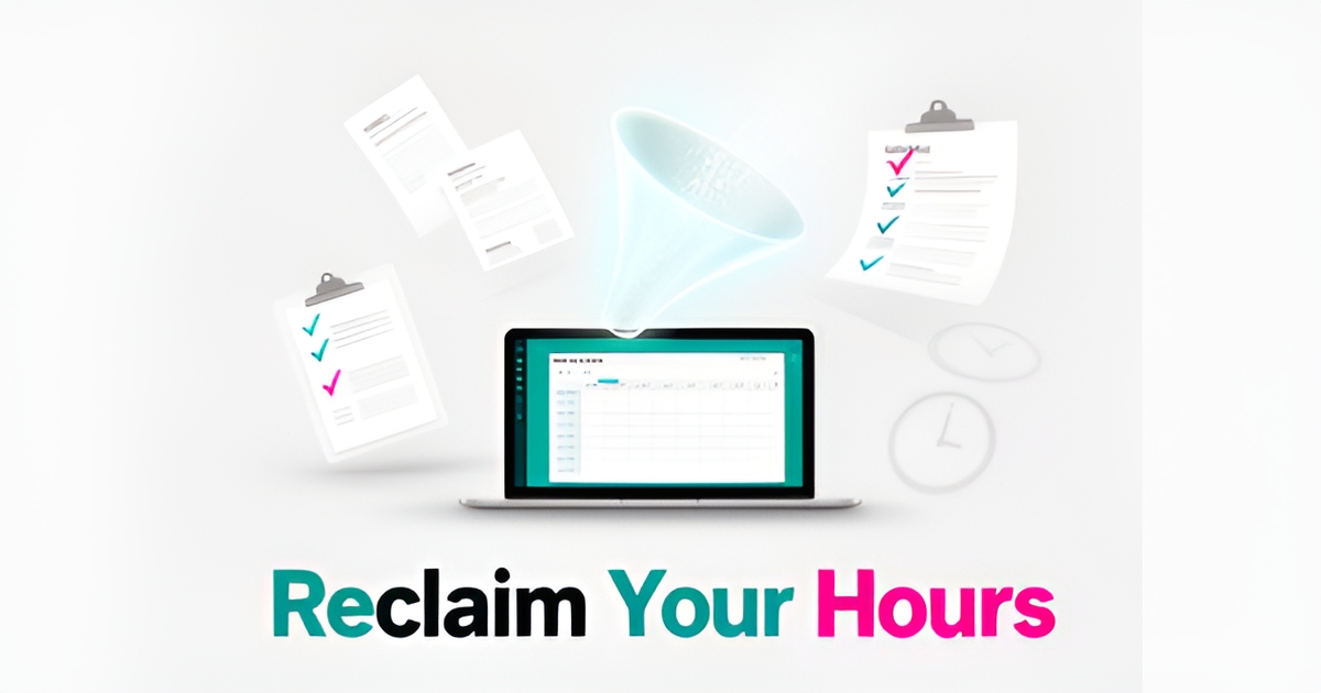 Flat illustration of AI automation organizing scheduling, invoicing, and check-in tasks for shop managers, with headline Reclaim Your Hours.