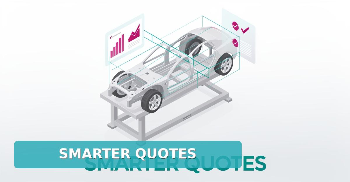 Flat illustration of a car frame on a straightening bench scanned by AI measurement guides with digital estimating panels, headlined Smart Quotes.