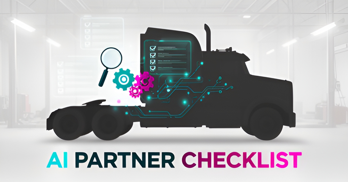 Flat illustration of a diesel truck in a repair bay connected to AI diagnostic elements, with a headline reading AI Partner Checklist.