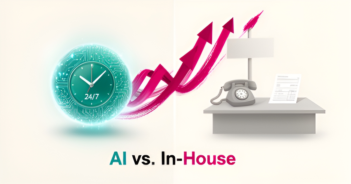 Flat illustration contrasting a 24/7 AI assistant with a desk phone, symbolizing AI versus in-house staff handling sign painting inquiries.
