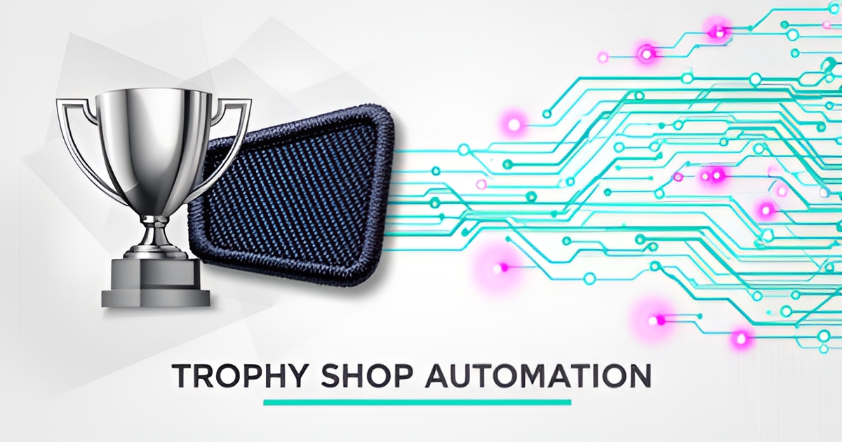 Flat illustration of a trophy and embroidered patch merging into AI circuit lines with teal and magenta accents, headline reading Automate Personalization.