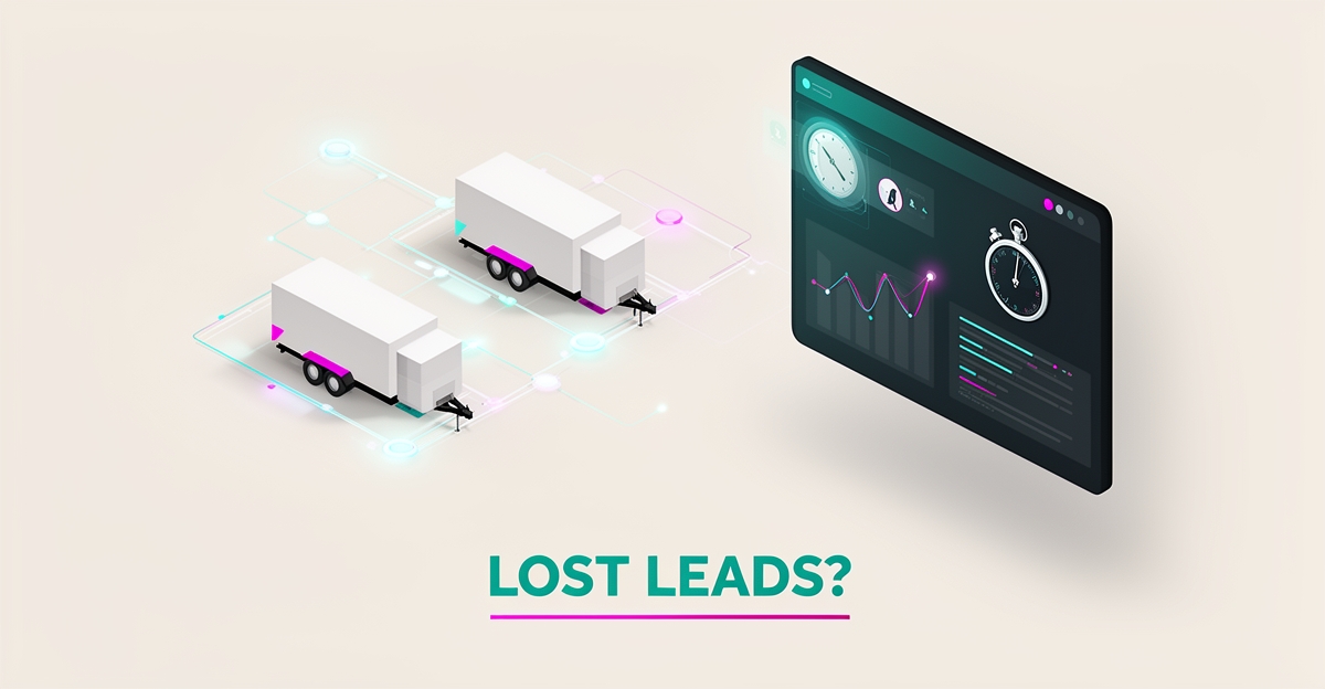 Flat illustration of a trailer dealership connected to an AI dashboard with glowing teal and magenta lines, headlined 'Lost Leads?'