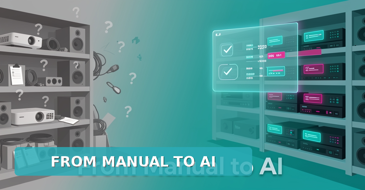 Flat illustration of AV rental equipment shifting from cluttered manual tracking to organized AI-powered digital inventory in teal and magenta.