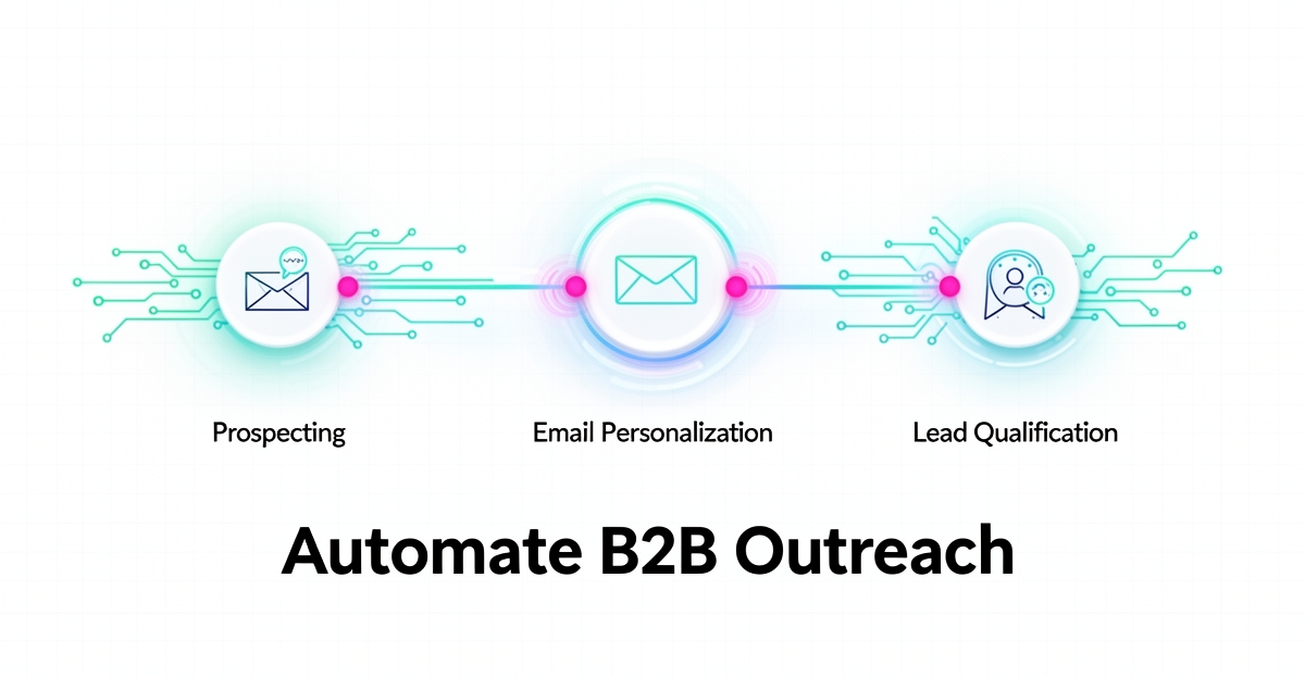 Flat illustration of AI-driven B2B sales automation workflow with prospecting, email personalization, and lead qualification nodes connected by glowing lines in brand colors.