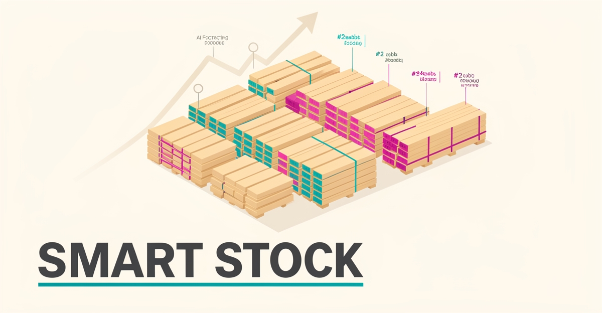 Flat illustration of an organized lumber yard with AI data highlights in teal and magenta, headlined Smart Stock.