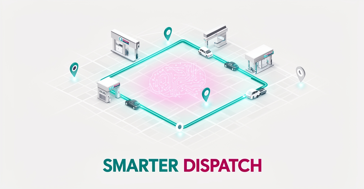 Flat illustration of AI-optimized dispatch routing connecting service bays with glowing teal and magenta route lines, titled Smarter Dispatch.