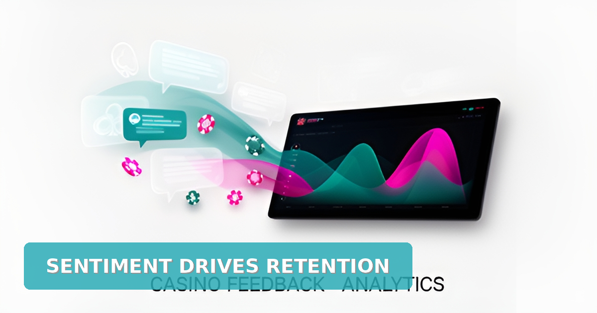 Flat illustration showing AI sentiment analysis transforming casino feedback into retention signals with teal and magenta accents.