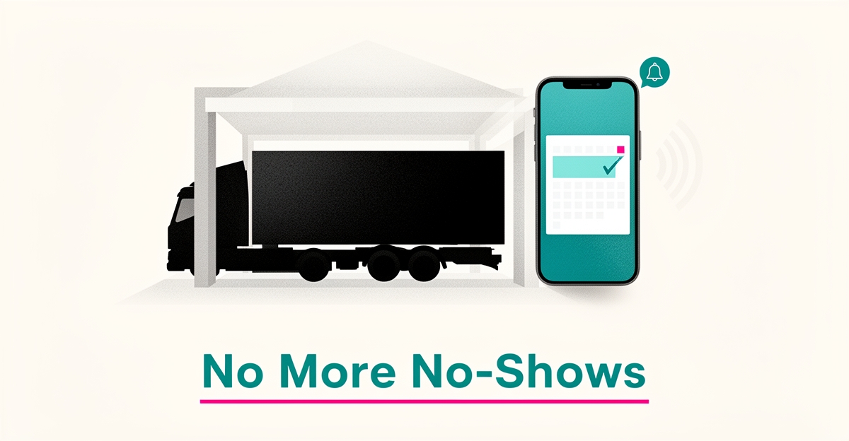 Flat illustration of a semi-truck in a repair bay beside a smartphone showing a confirmed appointment, symbolizing an AI receptionist reducing no-shows.