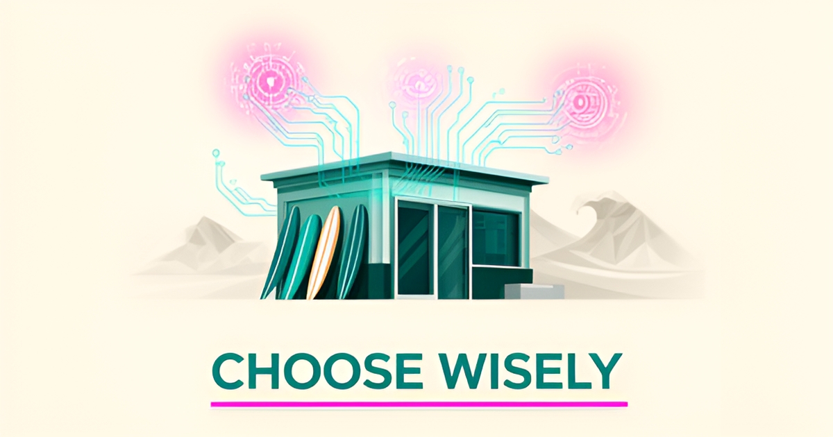 Flat illustration of a surf shop with glowing AI data connections overhead, symbolizing choosing the right AI technology partner.