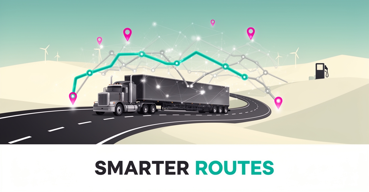 Flat illustration of a heavy-haul truck on a highway with an AI-optimized route network highlighted in teal and magenta overhead.