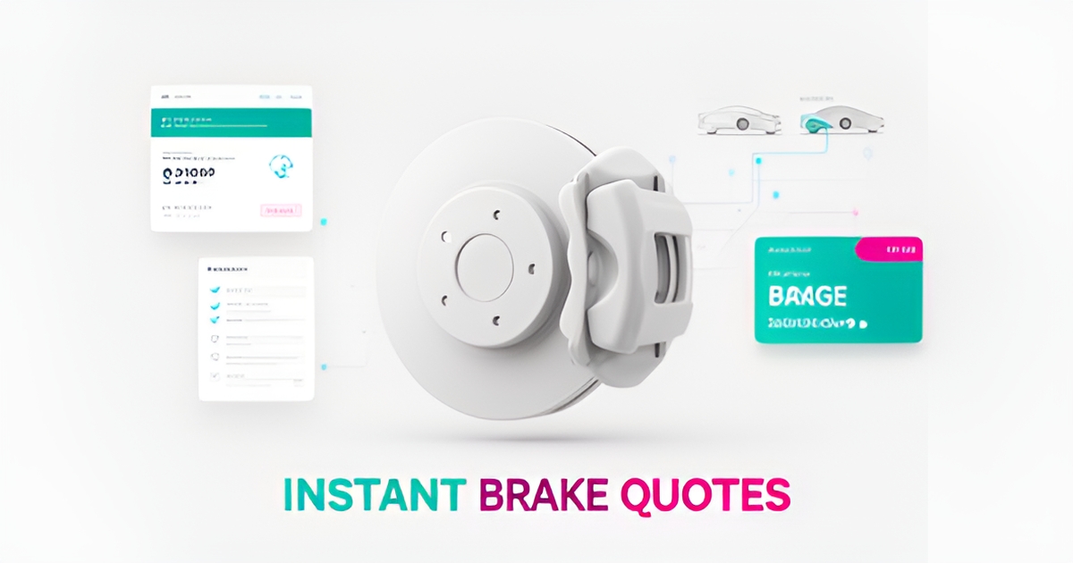 Flat illustration of a brake disc with digital quote and data elements, accented in teal and magenta, headline reading Instant Brake Quotes.