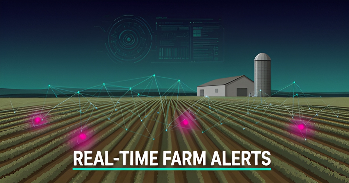 Flat illustration of a smart farm with teal sensor networks and magenta alerts flagging unusual crop conditions in real time.