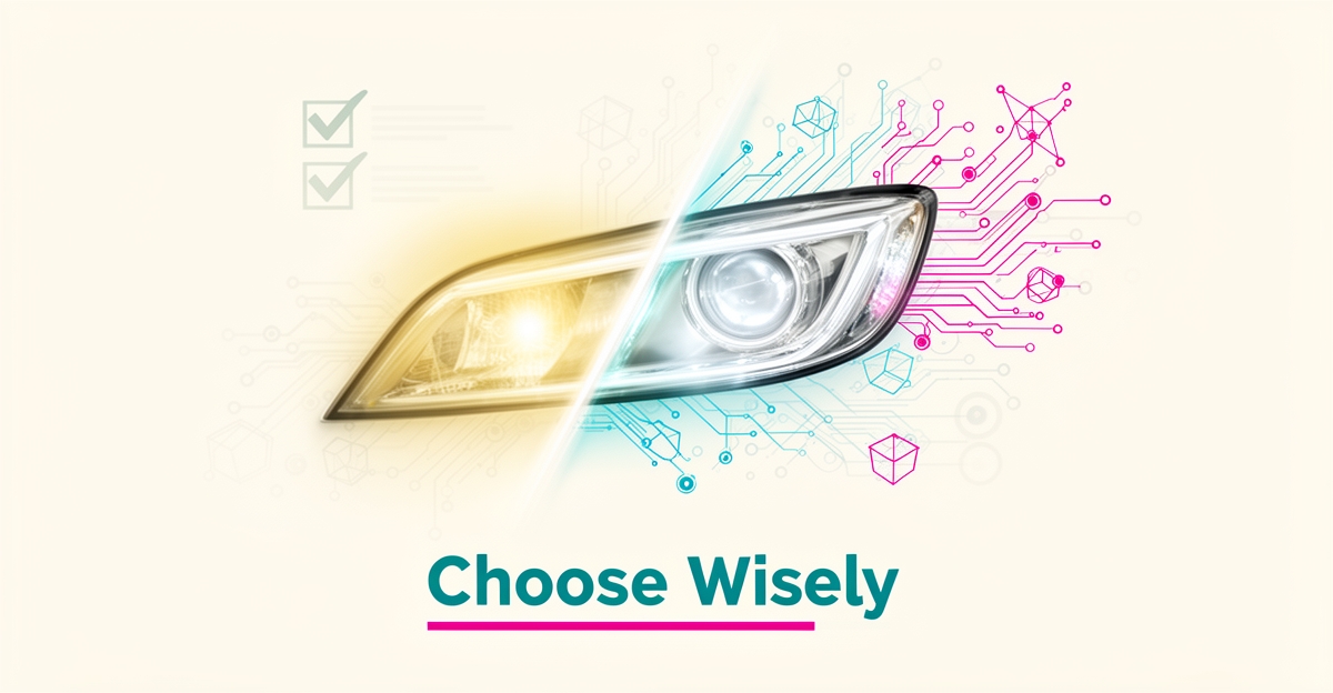 Flat illustration of a car headlight split between hazy and restored states, surrounded by AI circuit patterns with a 'Choose Wisely' headline.
