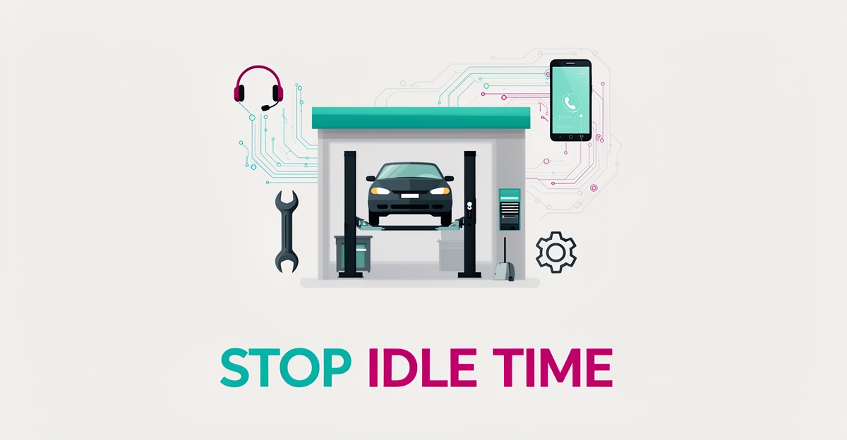 Flat illustration of an auto shop service bay connected to AI dispatch icons, with headline reading Stop Idle Time.