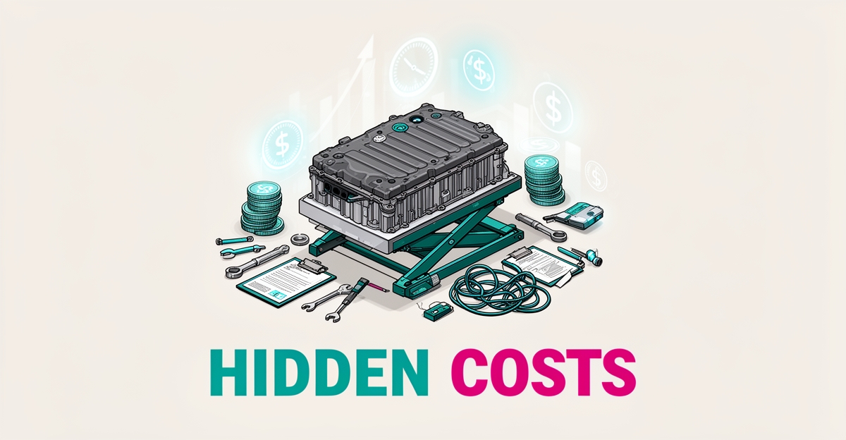 Flat illustration of an EV battery pack on a service lift surrounded by manual repair tools, highlighting hidden costs in EV service centers.
