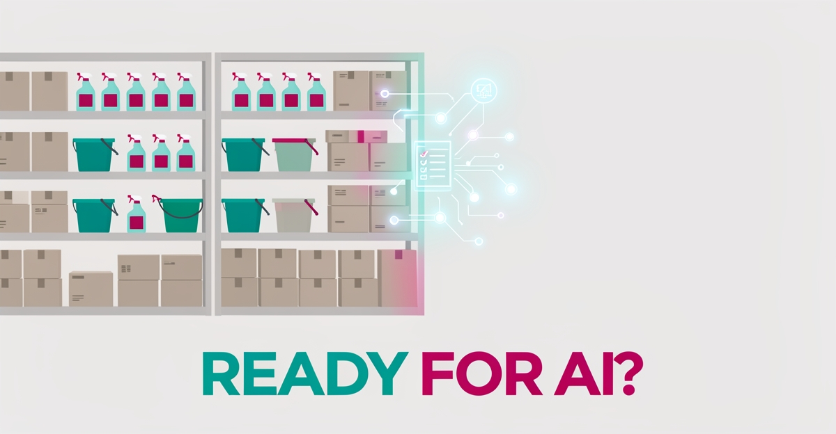 Flat illustration of a janitorial supply warehouse merging into glowing AI data nodes with the headline Ready for AI?