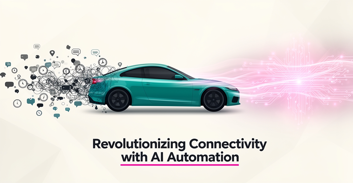 Flat illustration of a teal car with scattered communication icons transforming into streamlined AI-powered flows, accented in magenta.
