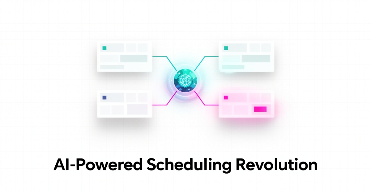 Flat illustration of an AI node automating a tournament bracket and calendar, resolving scheduling conflicts in teal and magenta.