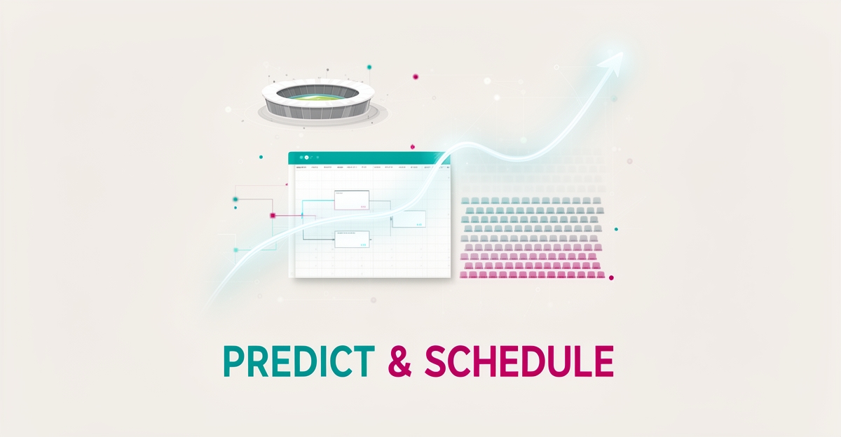 Flat illustration of a tournament bracket merging with a calendar and prediction curve in teal and magenta, symbolizing AI-driven attendance forecasting and scheduling.