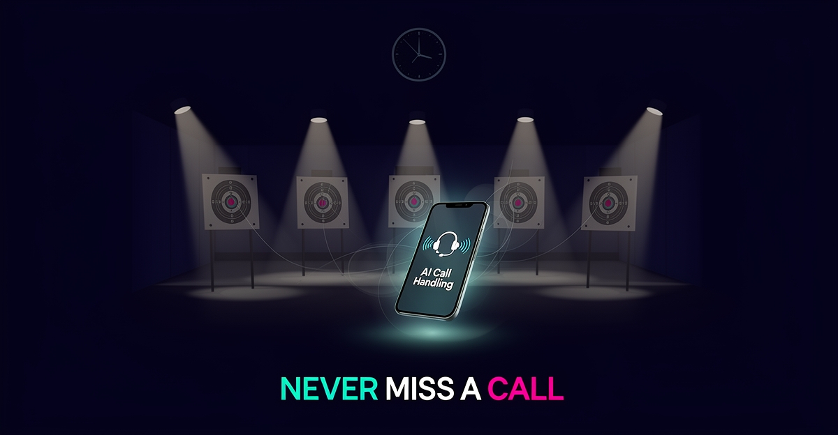 Flat illustration of a shooting range at night with a glowing smartphone symbolizing an AI receptionist answering calls 24/7.