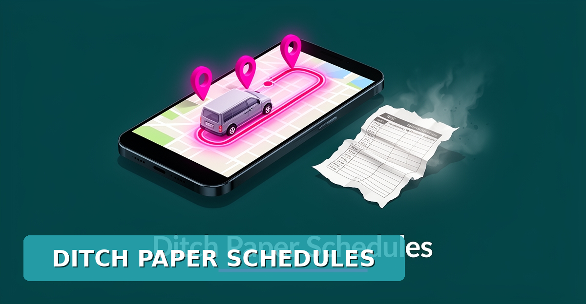 Flat illustration of a smartphone showing an AI-optimized route map beside a fading paper schedule, with a detailing van and teal and magenta accents.