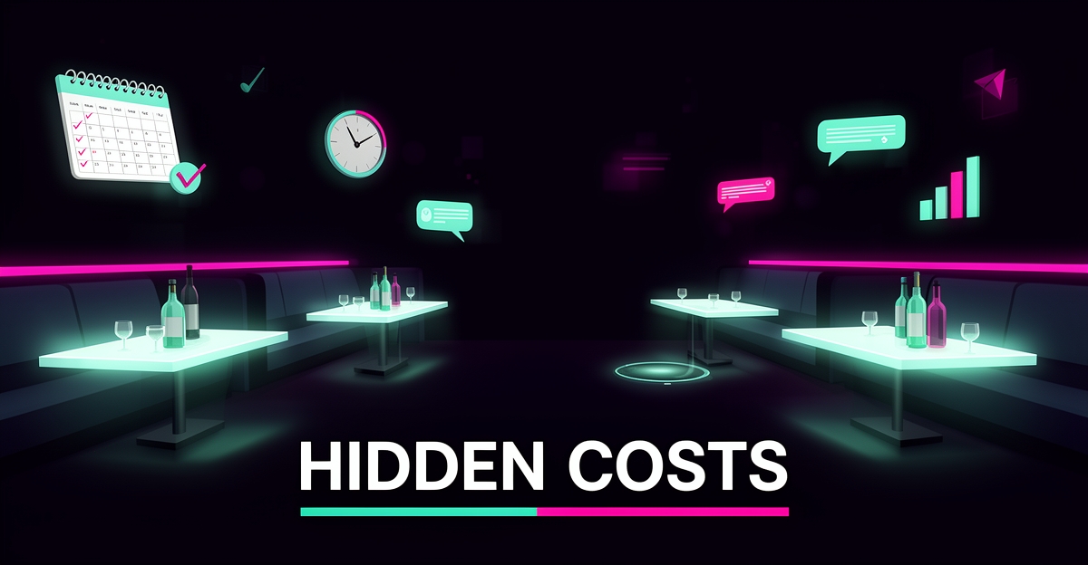 Flat illustration of a neon-lit nightclub with automation icons and the headline Hidden Costs, symbolizing manual operations draining nightclub profits.