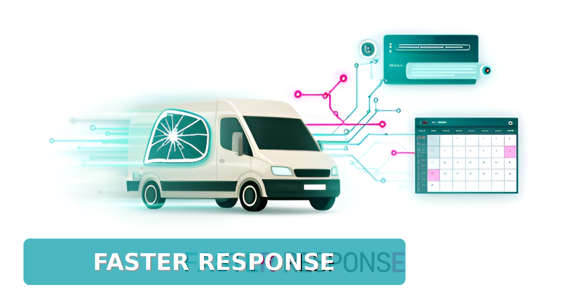 Flat illustration of a windshield repair van connected to an AI scheduling interface, symbolizing faster response times.