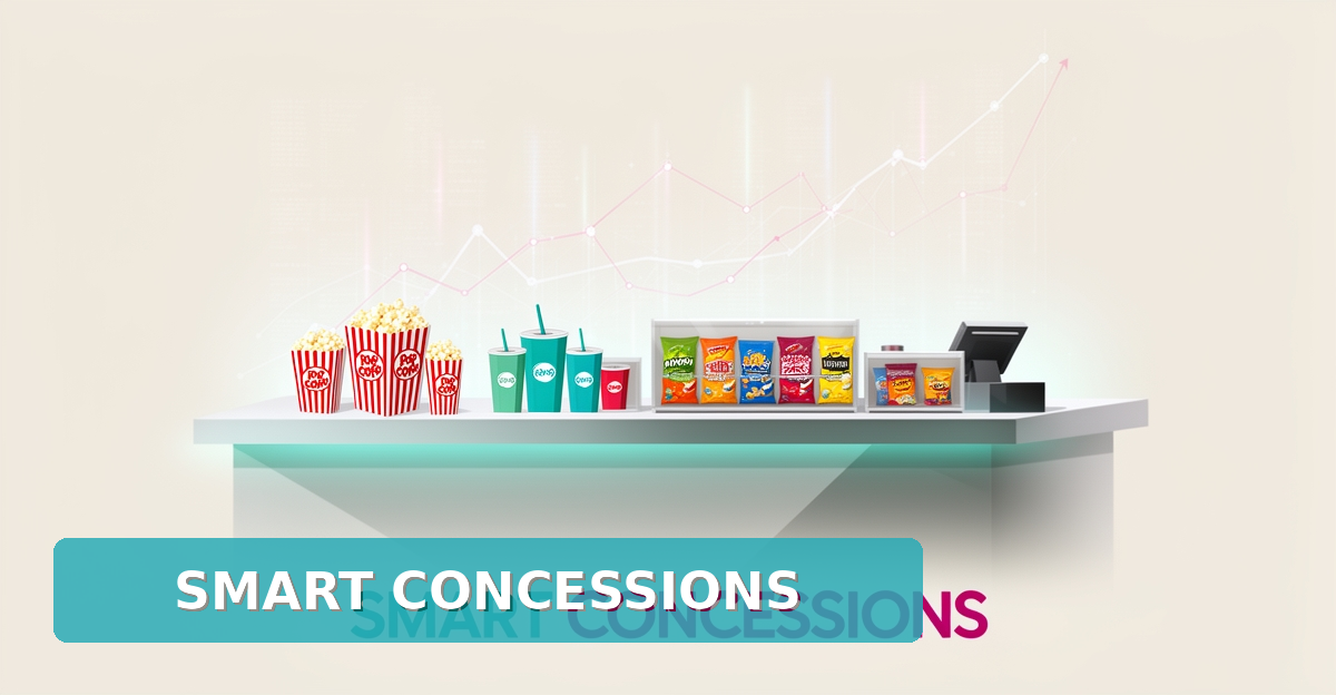 Flat illustration of a movie theater concession stand with AI data streams and rising graphs, headline reading Smart Concessions.