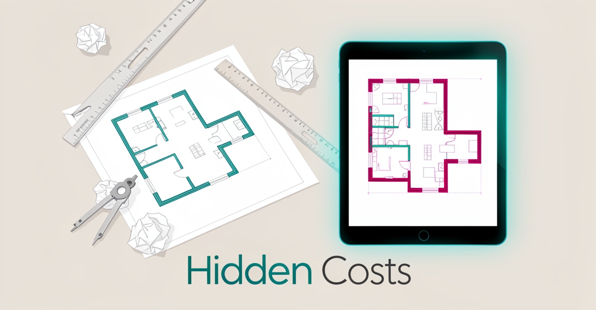 Flat illustration of architectural blueprints with crumpled error drafts beside a glowing digital tablet, accented in teal and magenta, with the headline Hidden Costs.